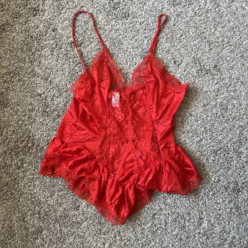 Vintage Fredericks Of Hollywood Red Ruffle Lace Babydoll Lingerie Coquette Sz L